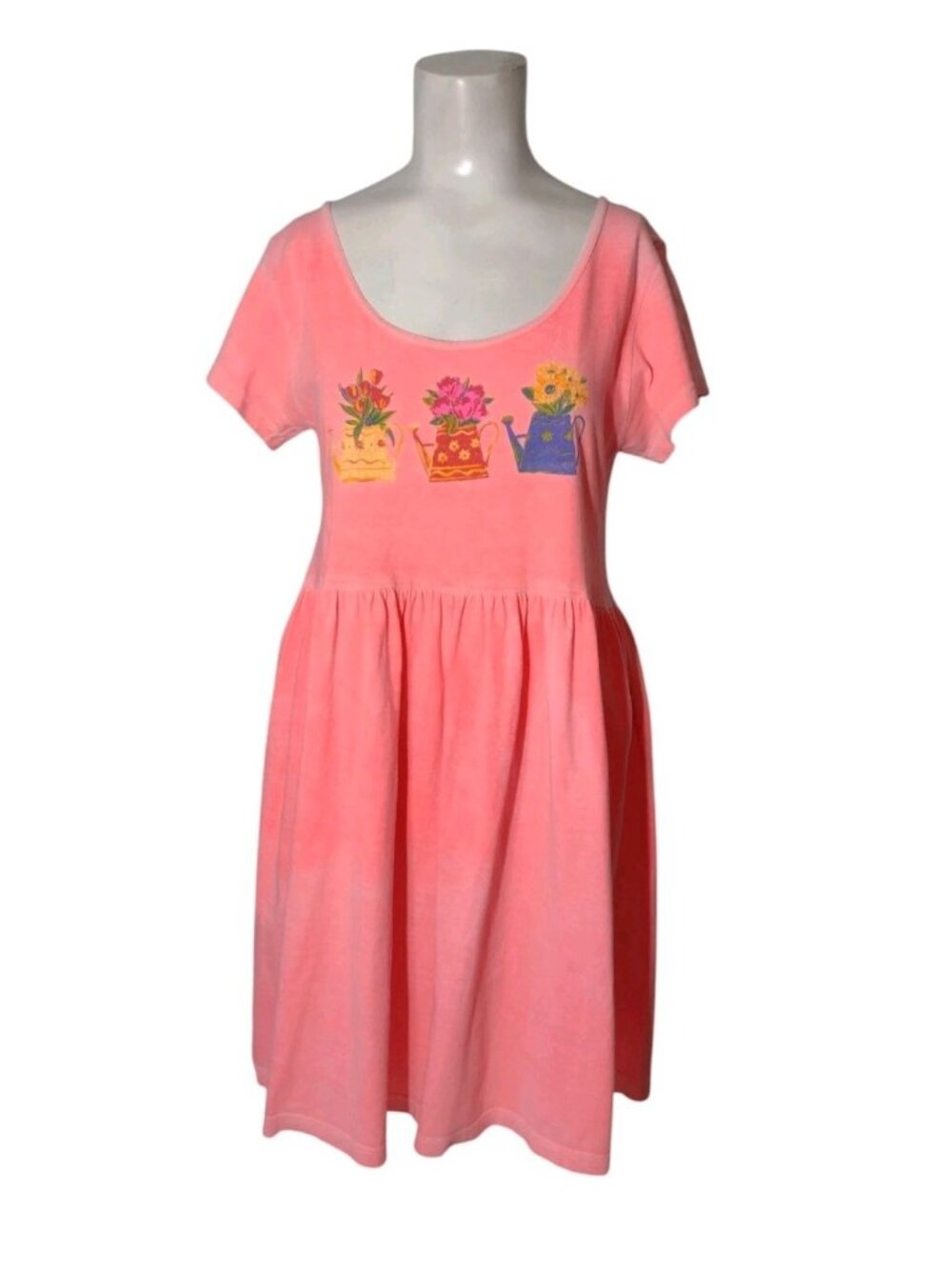 Vtg I Can Too Sport Watering Can Cotton T Shirt Dress S Floral Neon Stretch USA